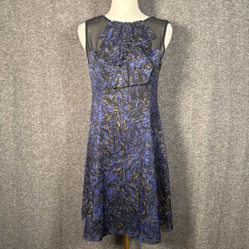 Kensie Womens Abstract Print Ruffle Mesh Sleeveless Dress Blue Black Small - Picture 2 of 15